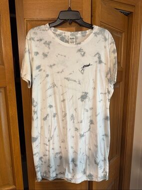 PINK Victoria's Secret White Tee with Light Blue Tie-Dye Accents